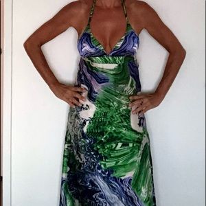 Long dress silk print, open back, size S